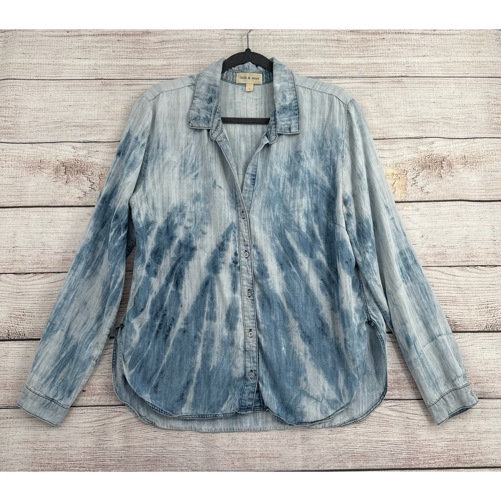 Cloth & Stone Button Down Women Large Blue Tie Dye Tencel Long Sleeve